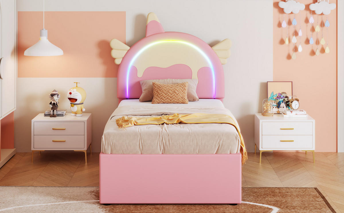 KINDERBETT 90/200 mit Einhorn-Design und Ausziehbett in Rosa - Rosa, Holzwerkstoff/Textil (90/200cm) - EVRYAE