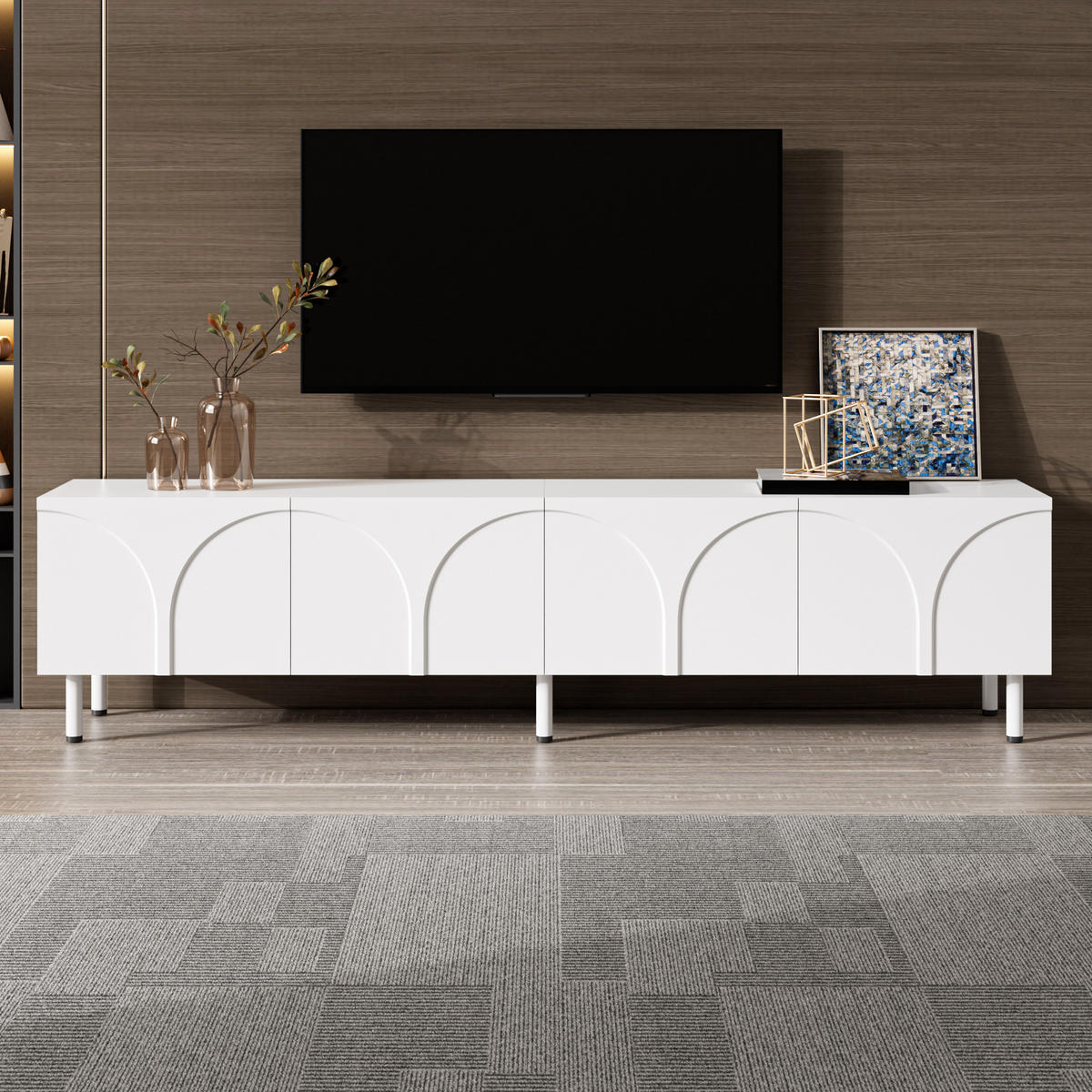 LOWBOARD in Weiß TV-Schrank mit Metallfüße, 180 L x 35 B x 49H(cm), Wohnzimmer - Weiß, Holzwerkstoff/Metall (180/49/35cm) - STILVORA