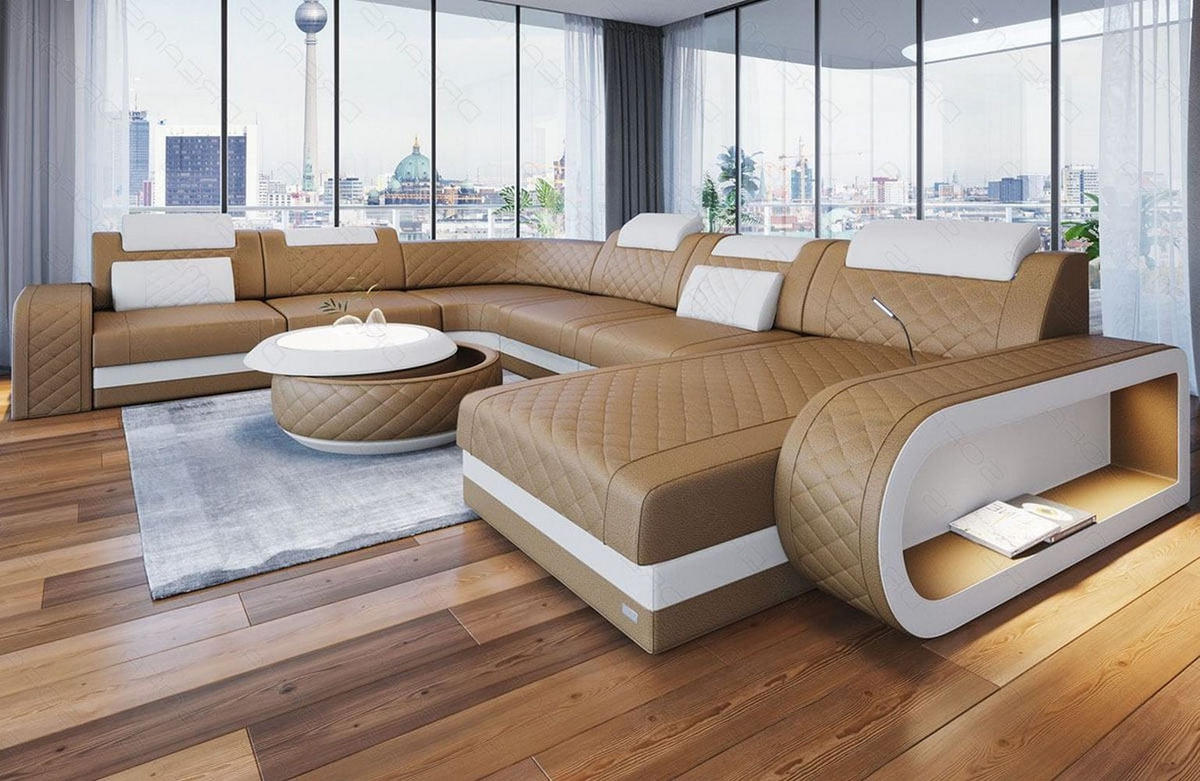 WOHNLANDSCHAFT Berlin U-Form Mini Sandbeige Weiß Kunstleder - Sandfarben, Textil (264/80/362cm)