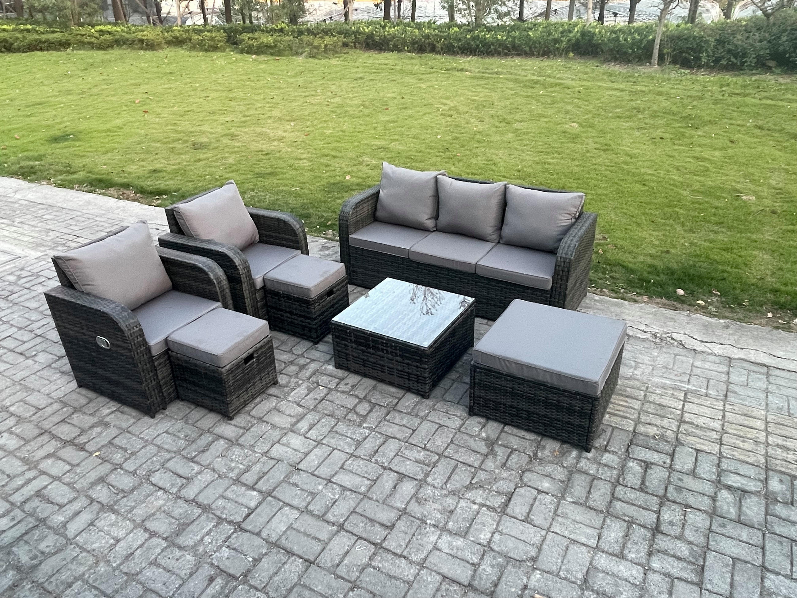 GARTENMÖBELGARNITUR mit KISSEN Polyrattan Dunkelgrau 8-Sitzer - Dunkelgrau/Grau, Glas/Kunststoff - Fimous