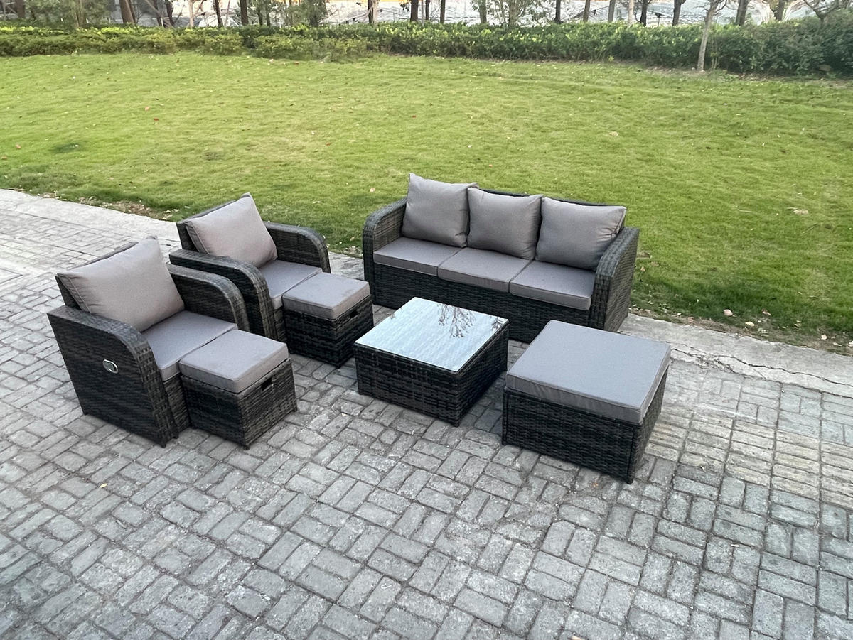 GARTENMÖBELGARNITUR mit KISSEN Polyrattan Dunkelgrau 8-Sitzer - Dunkelgrau/Grau, Glas/Kunststoff - Fimous