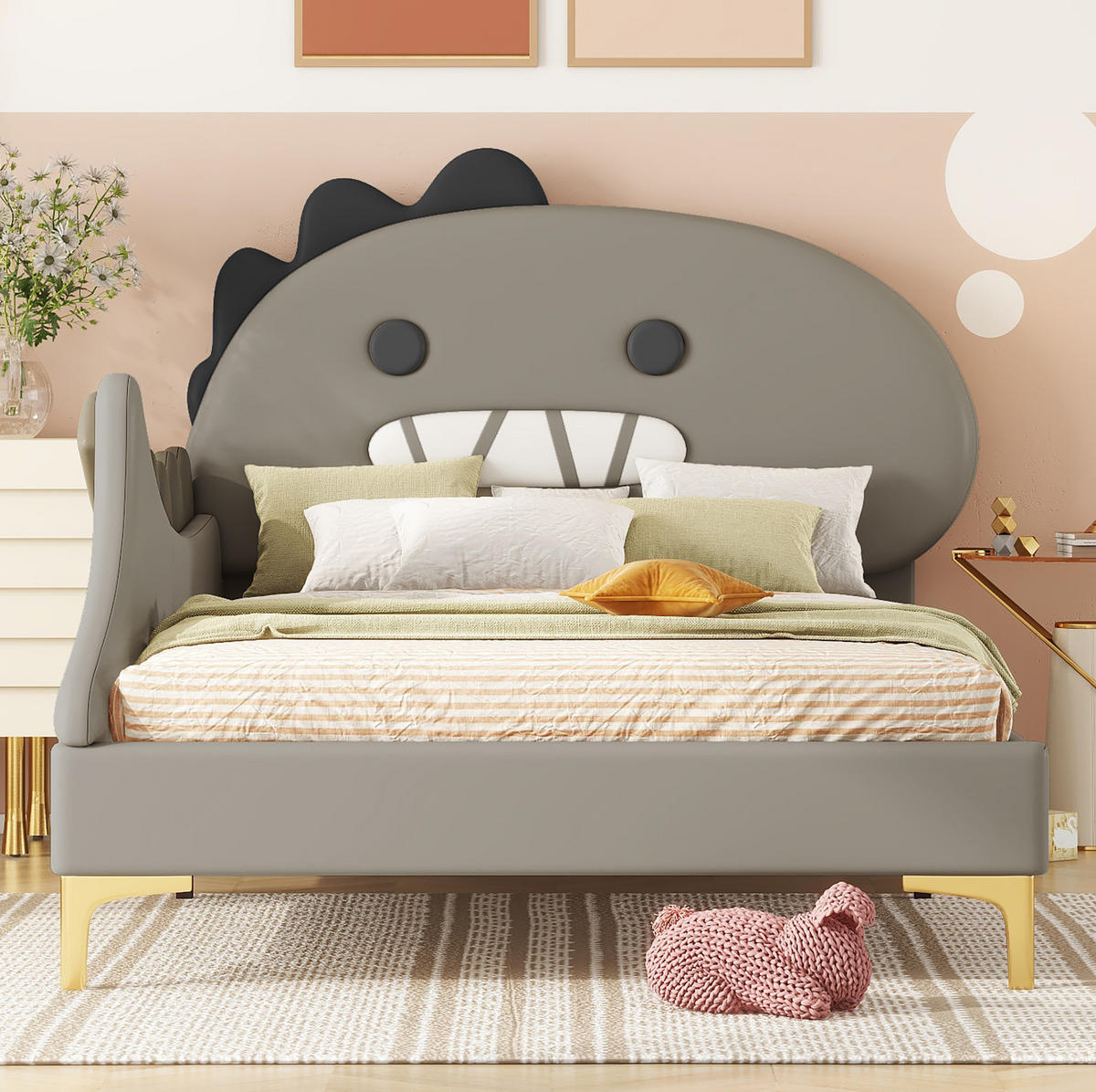 KINDERBETT 90/200 cm Grau aus PU und MDF mit Dinosaurier-Design - Grau, Kunststoff (90/200cm) - OKMYHOME
