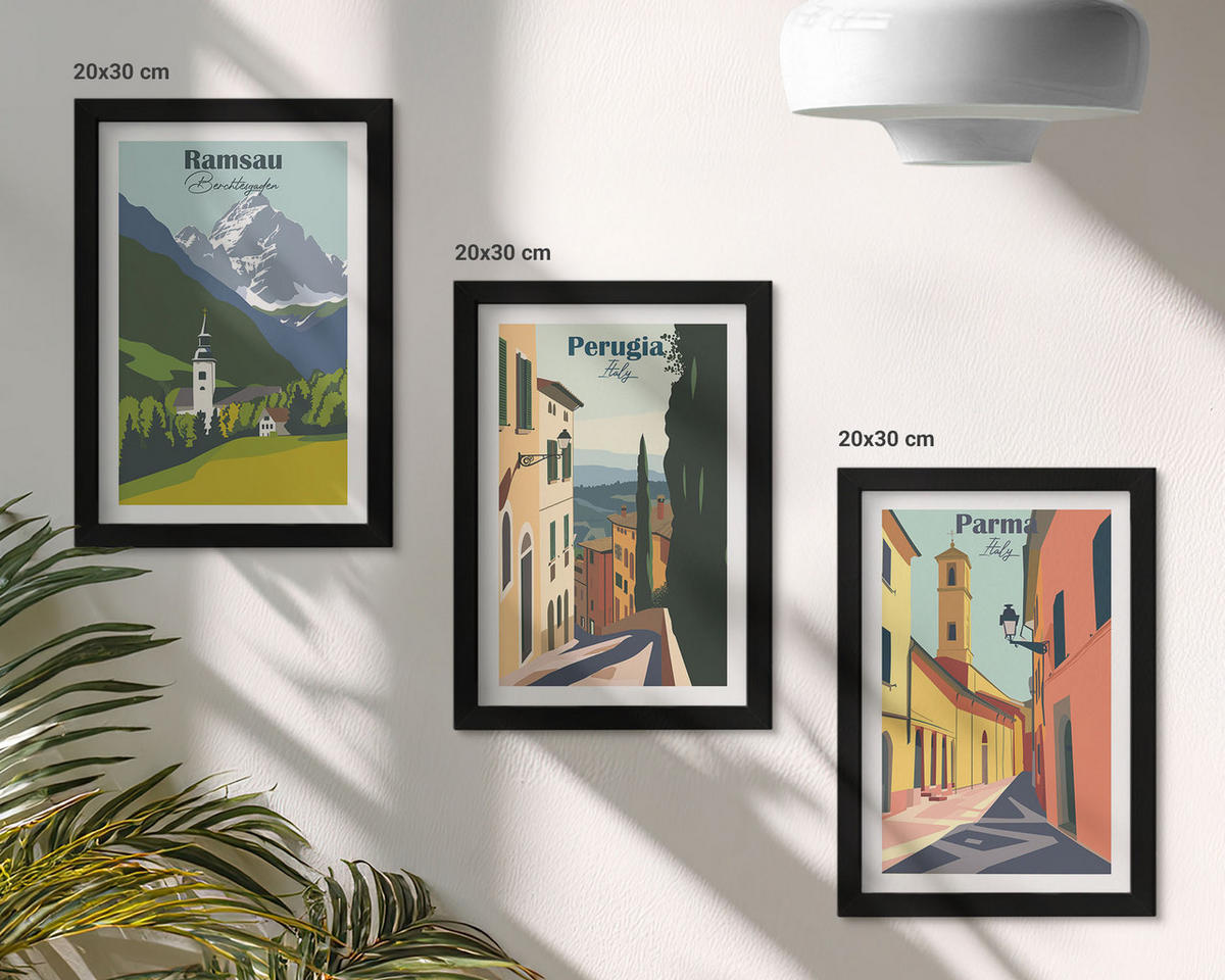 BILDER SET 3er Set - 20x30 cm Schwarzer Rahmen - Berglandschaften und Italien - Schwarz, Kunststoff (20/30cm) - TULUP