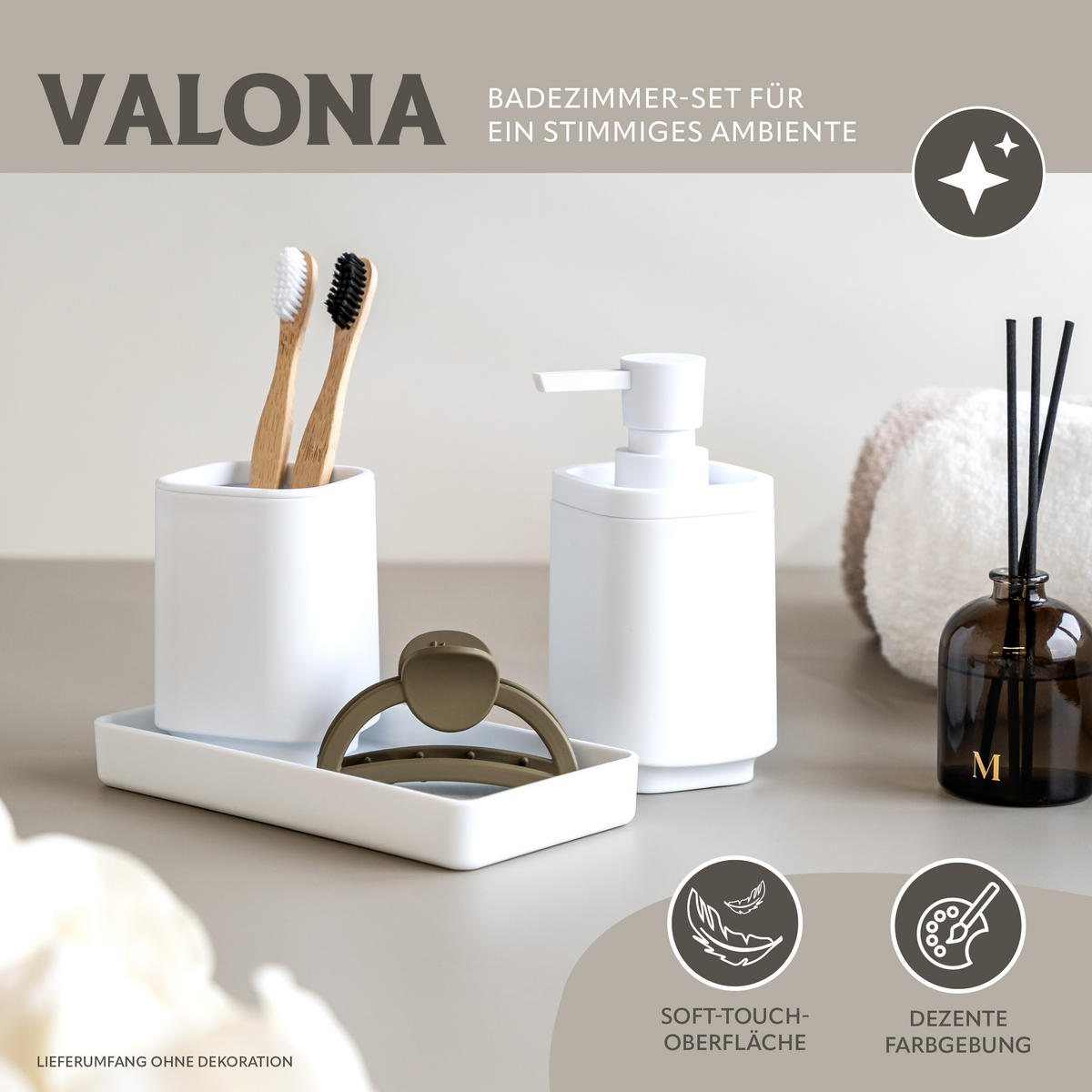 BAD-ACCESSOIRES-SET VALONA, Soft-Touch, weiß - Weiß, Kunststoff (18/2.5/9.5cm) - eluno