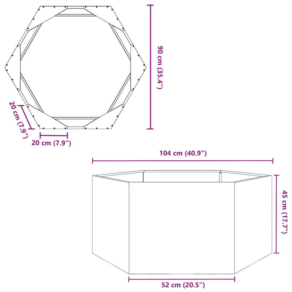 PFLANZKÜBEL Anthrazit Sechseckig 104/90/45 Stahl - Anthrazit, Metall (104/45/90cm) - vidaXL