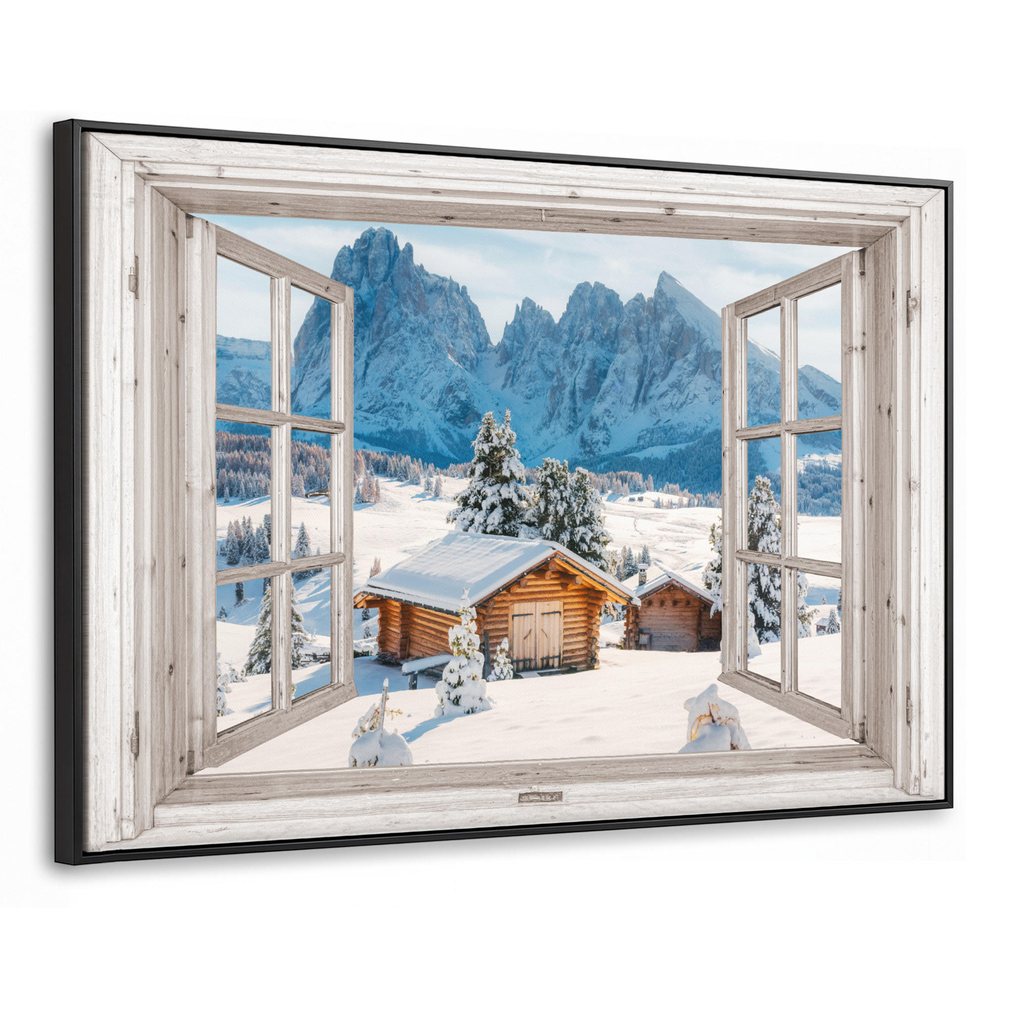LEINWAND Bilder mit Rahmen - Winterlandschaft - Hütte - Berge - Ausblicke - Aussicht - Natur - 140x90 - Weiß Hochglanz, Textil (140/90cm) - MuchoWow