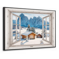LEINWAND Bilder mit Rahmen - Winterlandschaft - Hütte - Berge - Ausblicke - Aussicht - Natur - 140x90 - Weiß Hochglanz, Textil (140/90cm) - MuchoWow
