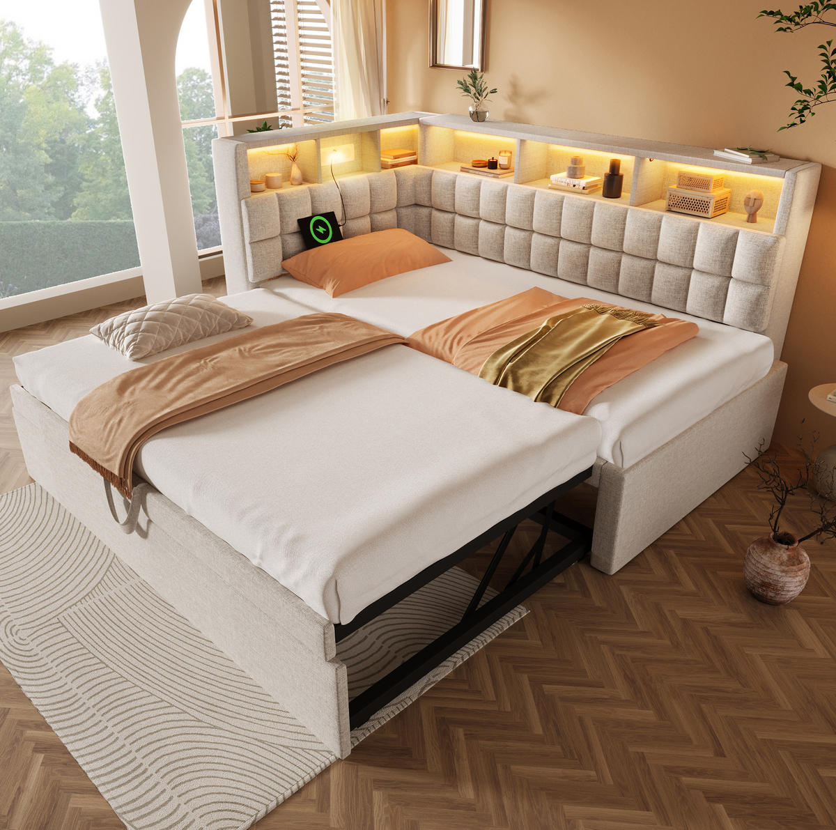 POLSTERBETT 90/180x200 cm Beige mit LED-Beleuchtung und Bluetooth-Lautsprecher - Beige, Textil (90/200cm) - Flora Grace