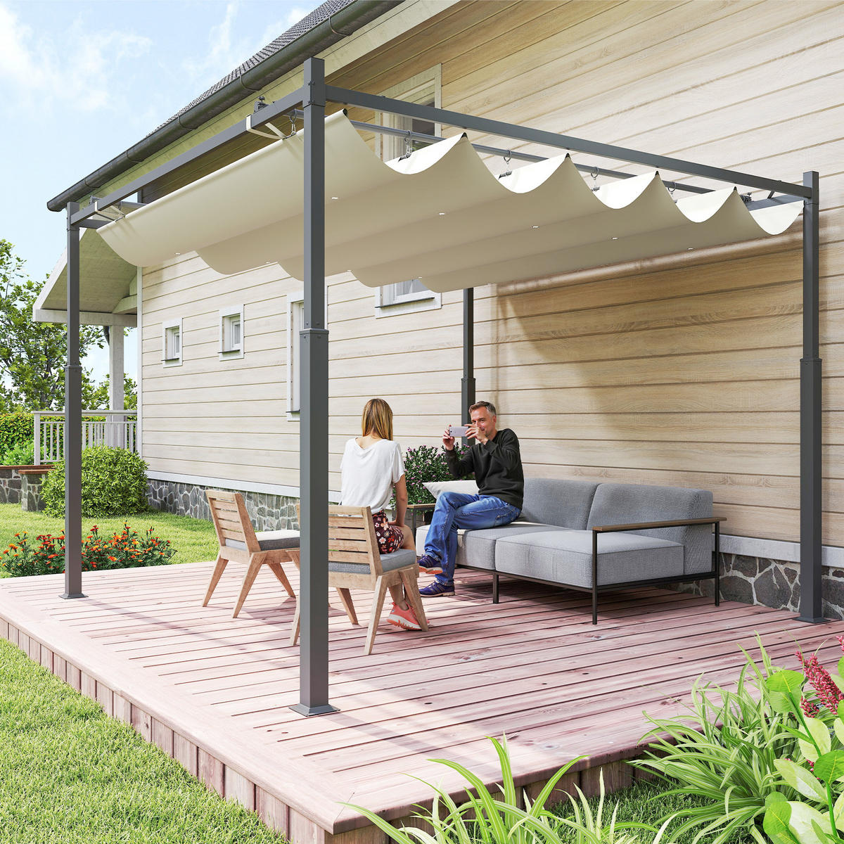 GARTEN-PERGOLA, 3 x 3 m, Ausziehbares Dach und Magnetpad, Outdoor-Baldachin, Garten-Pavillon, UPF30+, Metall, Cremeweiß - Creme, Metall (298/230/298cm)