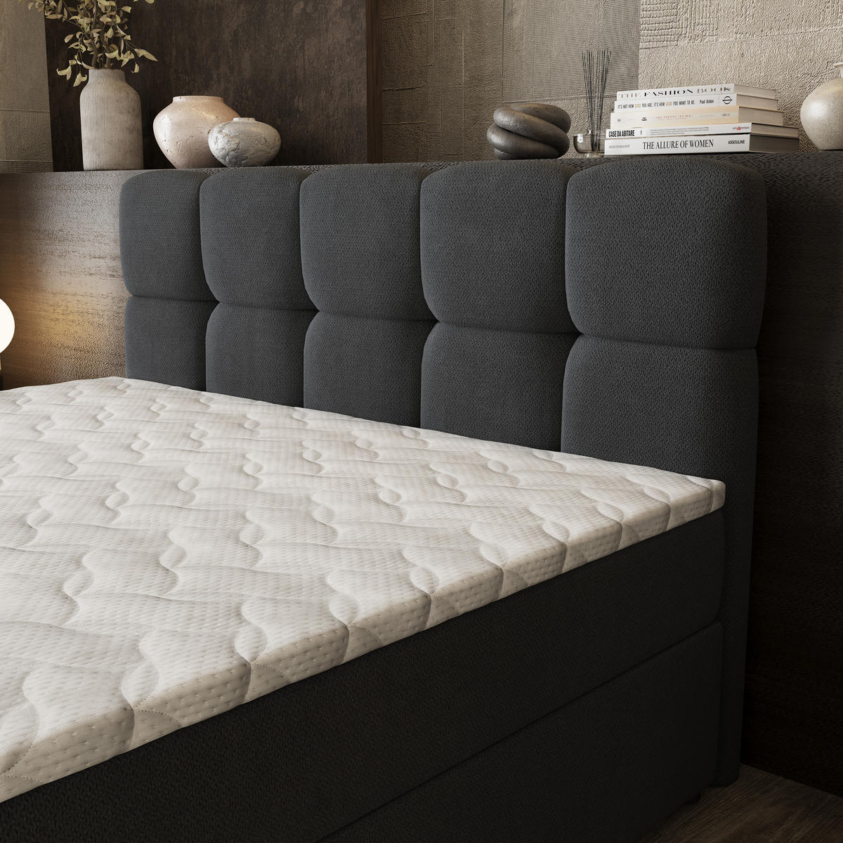 BOXBETT BRUME 180x200 cm mit Matratze und Topper, H2+H3 - Schwarz - Schwarz, Holz (180/200cm) - MASSENO