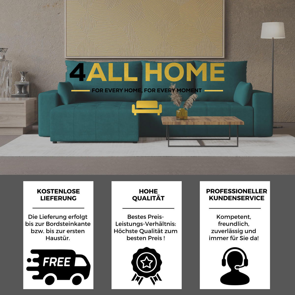 ECKSOFA Tico mit Bettkasten und Schlaffunktion, L-Form/XL-Form, Velourstoff, Universal - Türkis, Holzwerkstoff (276/145cm) - 4ALL HOME
