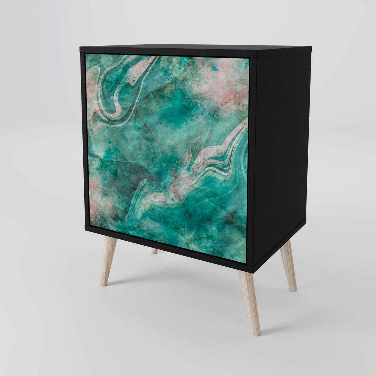 SIDEBOARD ABSTRACT ALCHEMY, Schwarz, 57,5x42x67,5 cm, Schwarze Metall-Rahmenfüße - Multicolor/Schwarz, Holzwerkstoff/Metall (57.5/67.5/42cm) - SpaceRebels