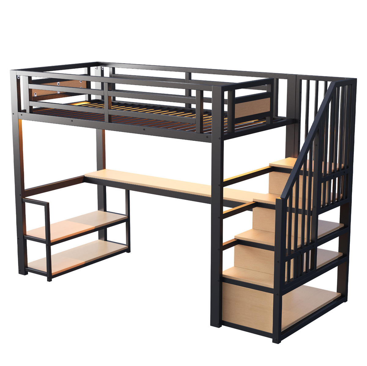 HOCHBETT 90/200 cm aus Metall mit LED-Lichtleiste, Steckdose, Tisch, Regalen und Aufbewahrungsleiter, Schwarz - Schwarz, Metall (90/200cm) - Redom