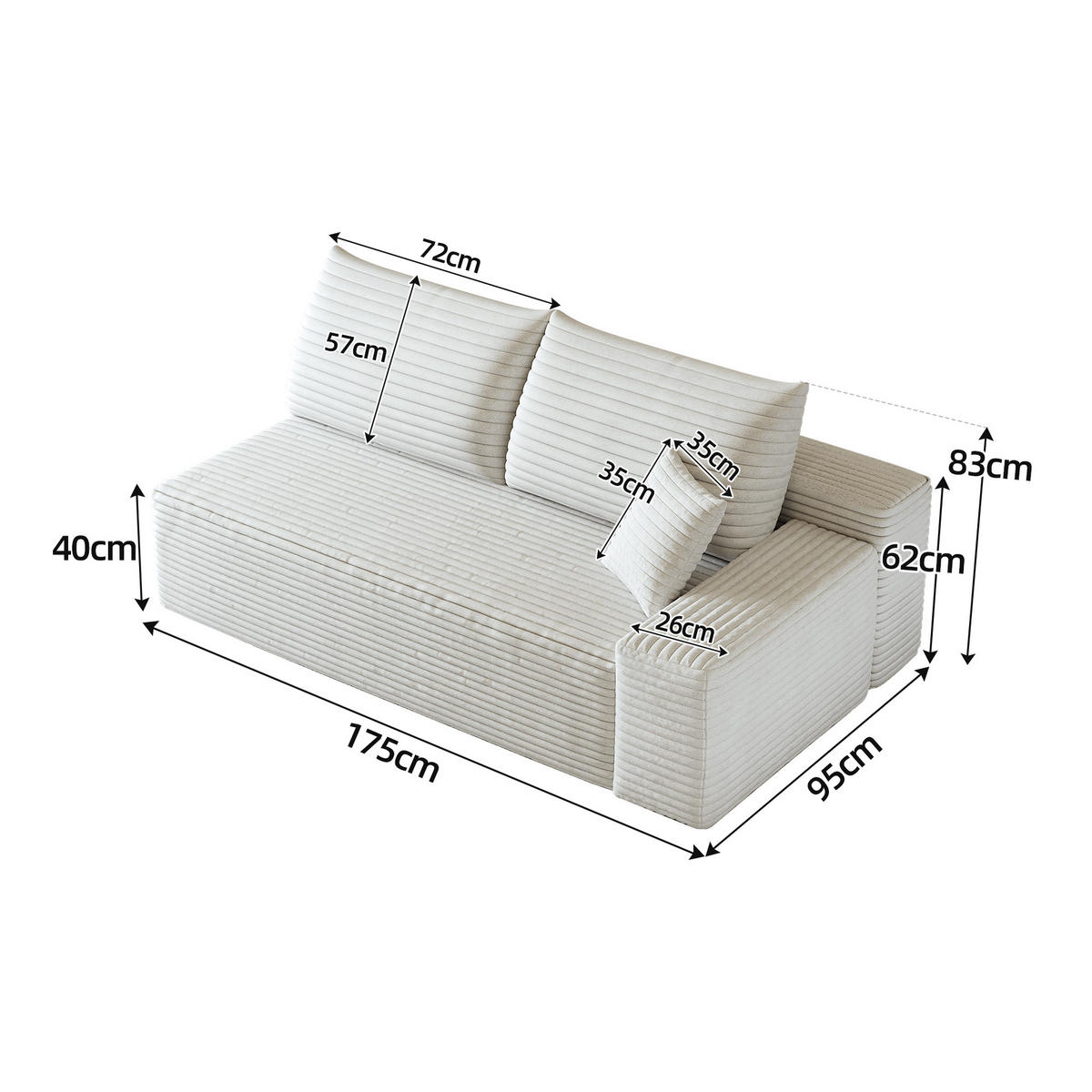 SOFAELEMENT DE-34752 rechte mit Cordbezug Weiß - Weiß, Textil (95/83/175cm) - ComfortXL
