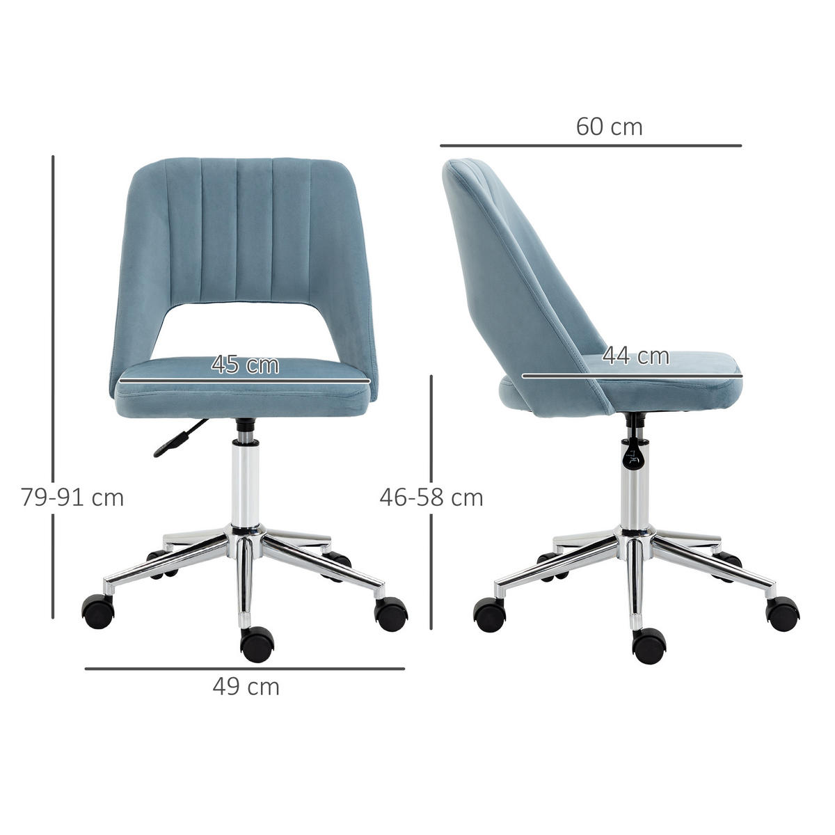 BÜROSTUHL Drehstuhl Jakobsmuschel-Form verstellbar Samtartiges Polyester Blau - Blau, Kunststoff (60/91/49cm) - Vinsetto