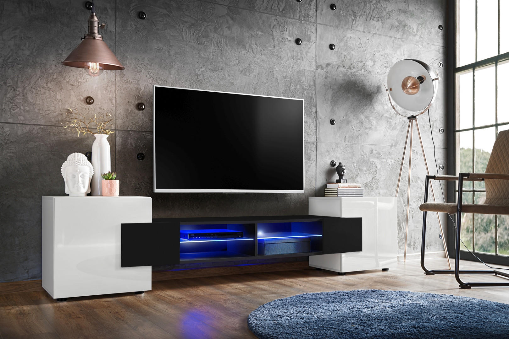 LOWBOARD MERANO Weiß, Blau LED Beleuchtung - Schwarz/Weiß, Glas/Holzwerkstoff (230/52.5/35cm) - Komodee