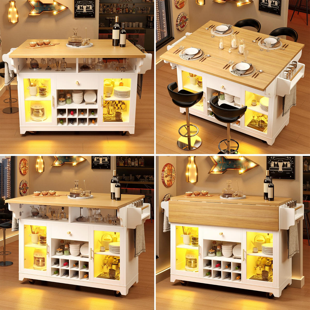 KÜCHENINSEL Mit RGB LED Beleuchtung, Auf Rollen Küche, 120/80/95 cm - Weiß, Holzwerkstoff (80/95/120cm) - Rolipo