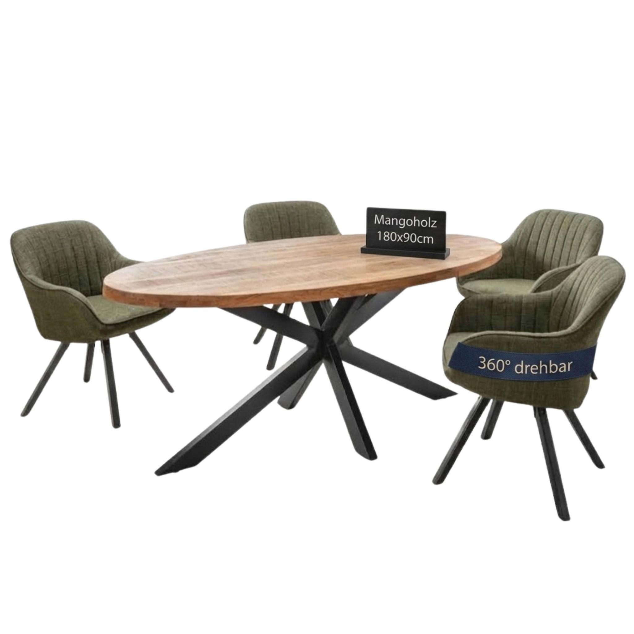 ESSZIMMER-SET Matera FSC®100% und Avola - Schwarz/Olivgrün, Holz/Metall (90/76/180cm) - Mr. Deko