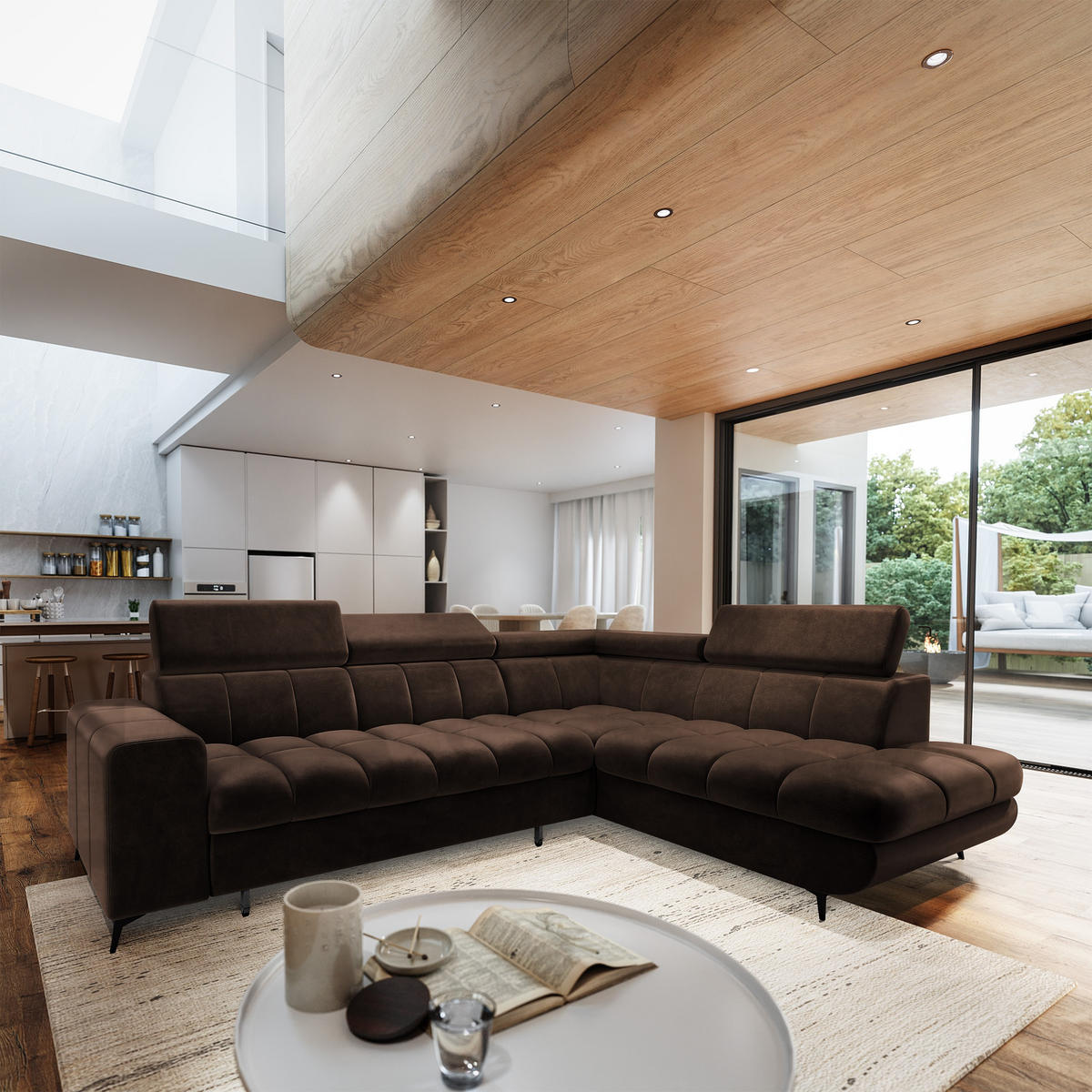 ECKSOFA MORIVA R-S Braun Velours-Stoff mit Schlaffunktion - Braun, Holz (253/190cm) - MASSENO