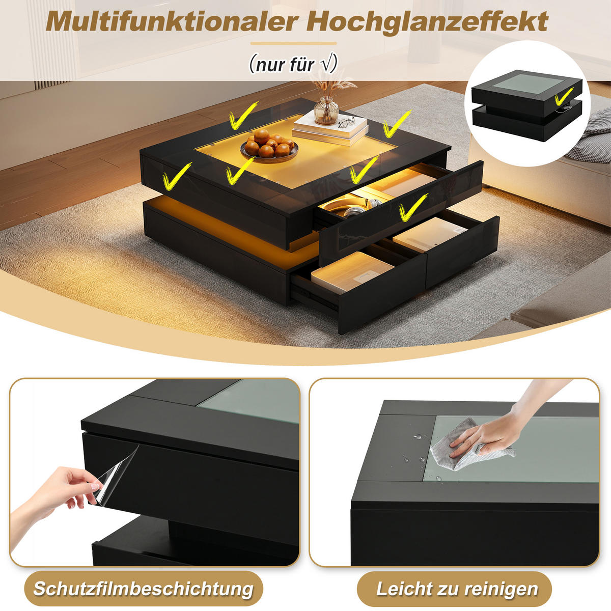 COUCHTISCH DE-37117 quadratisch mit Glasplatte, LED und 3 Schubladen Schwarz - Schwarz, Holzwerkstoff (70/70/35cm) - ComfortXL