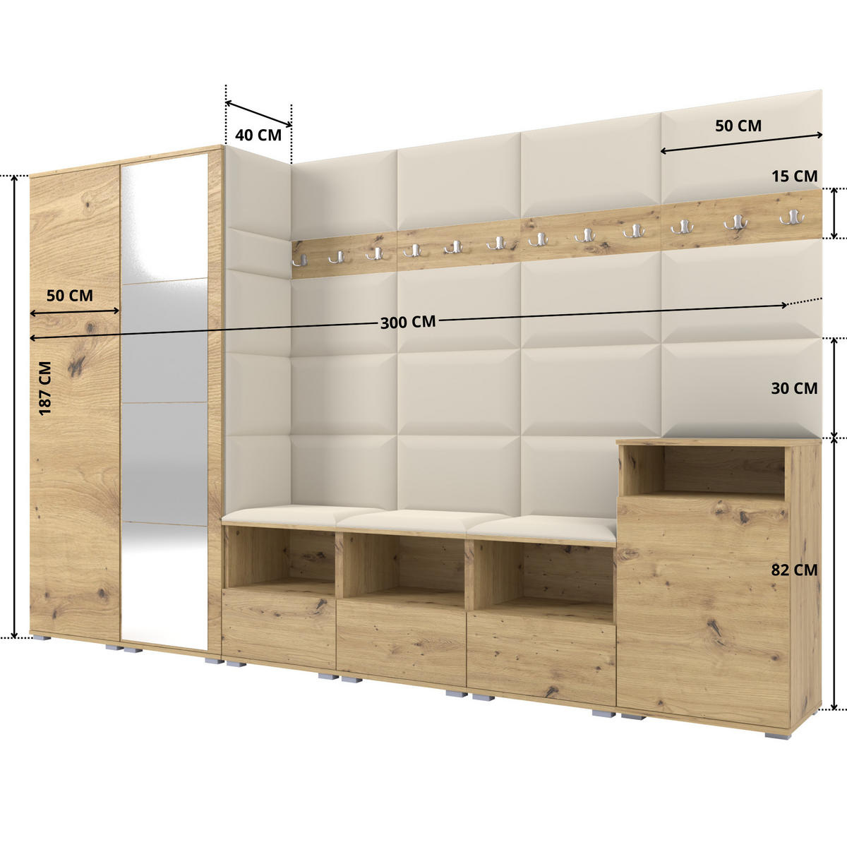 GARDEROBE NELA XII 300 cm (Modulare Flurmöbel Artisan Eiche mit Spiegel & Sitzpolster Creme 01 Gigantisches Set) - Silberfarben/Creme, Holz/Holzwerkstoff (300/187/40cm) - Ravio