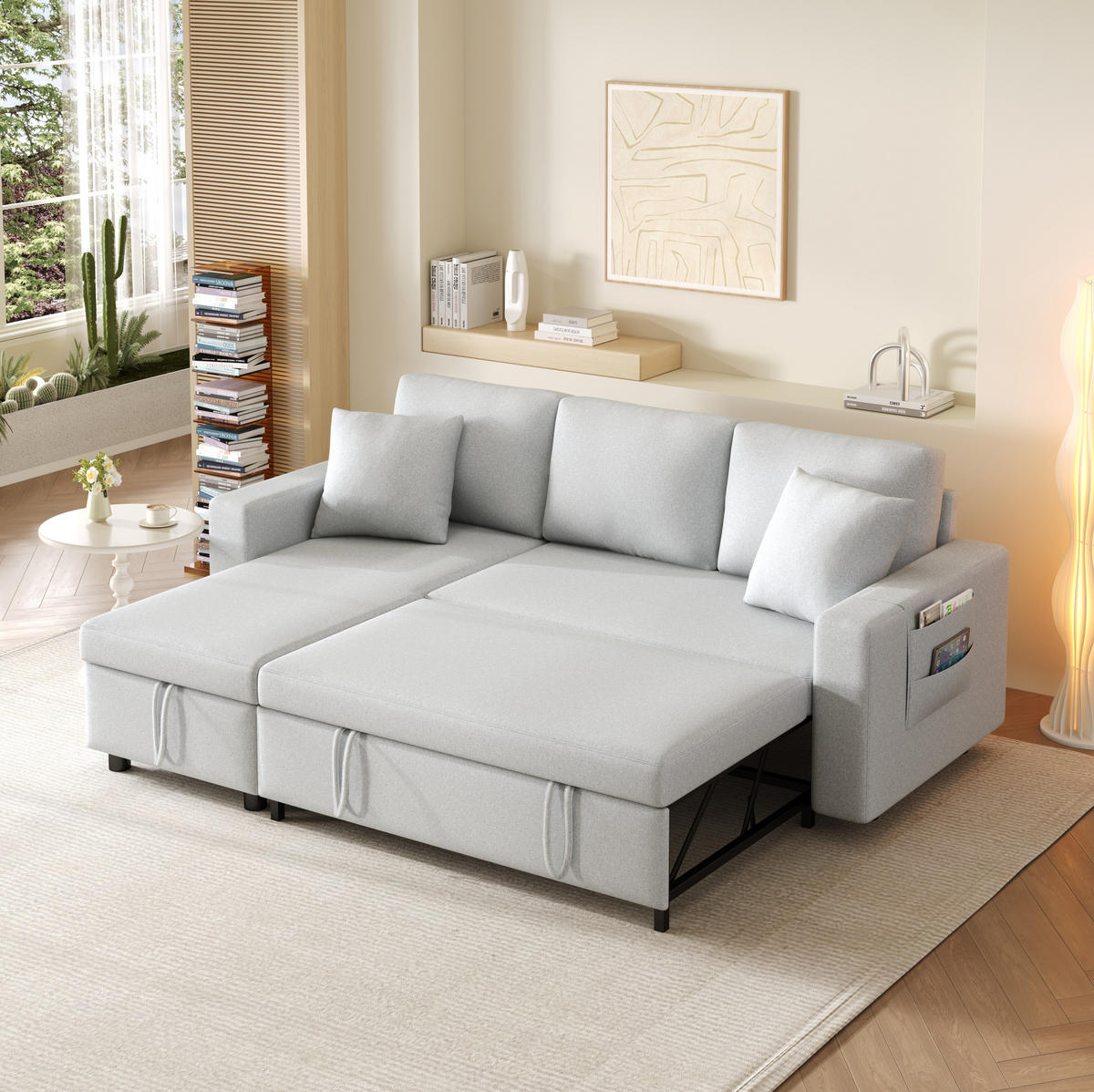 ECKSCHLAFSOFA Leinen mit Stauraum und wechselbarer Chaiselongue Grau 219,5/142,5/83 cm - Grau, Textil (83/142.5cm) - Redom
