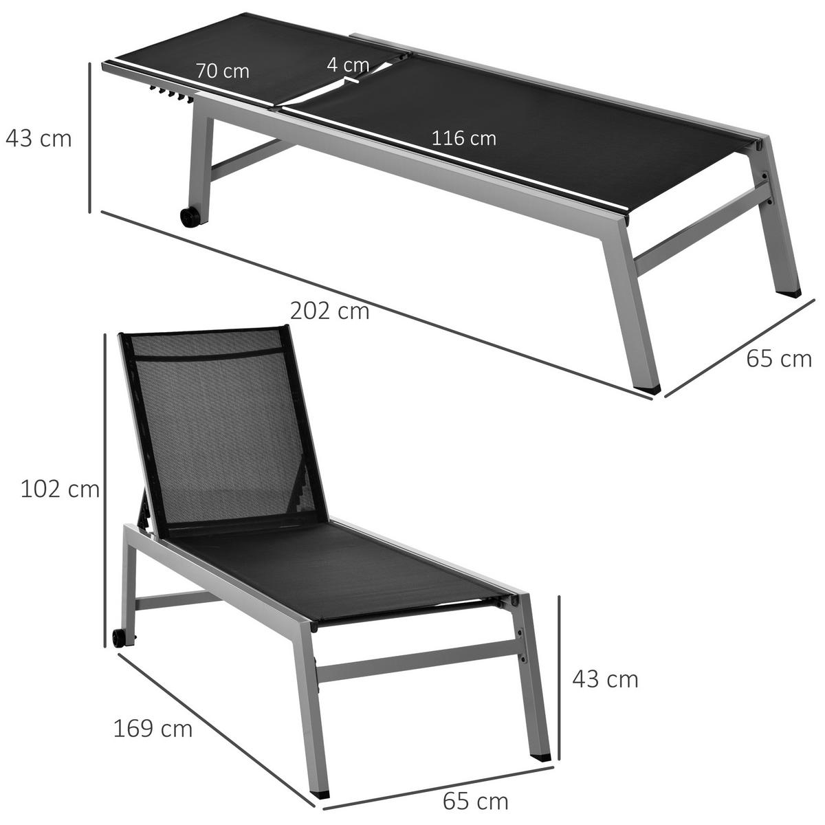 SONNENLIEGE ,Verstellbare Rückenlehne 2 Rollen,169 x 65 x 102 cm ,Schwarz und Grau - Schwarz, Metall (65/102/169cm) - Vallsero