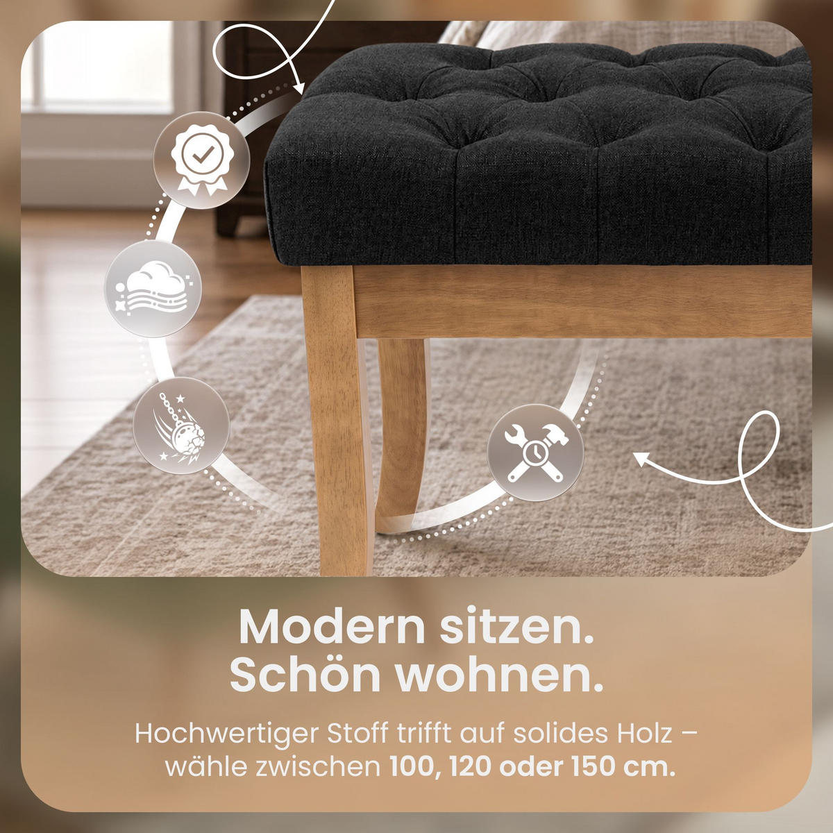 SITZBANK 100/38 cm Stoff Dunkelgrau - Dunkelgrau/Naturfarben, Holz/Textil (100/46/38cm) - CLP