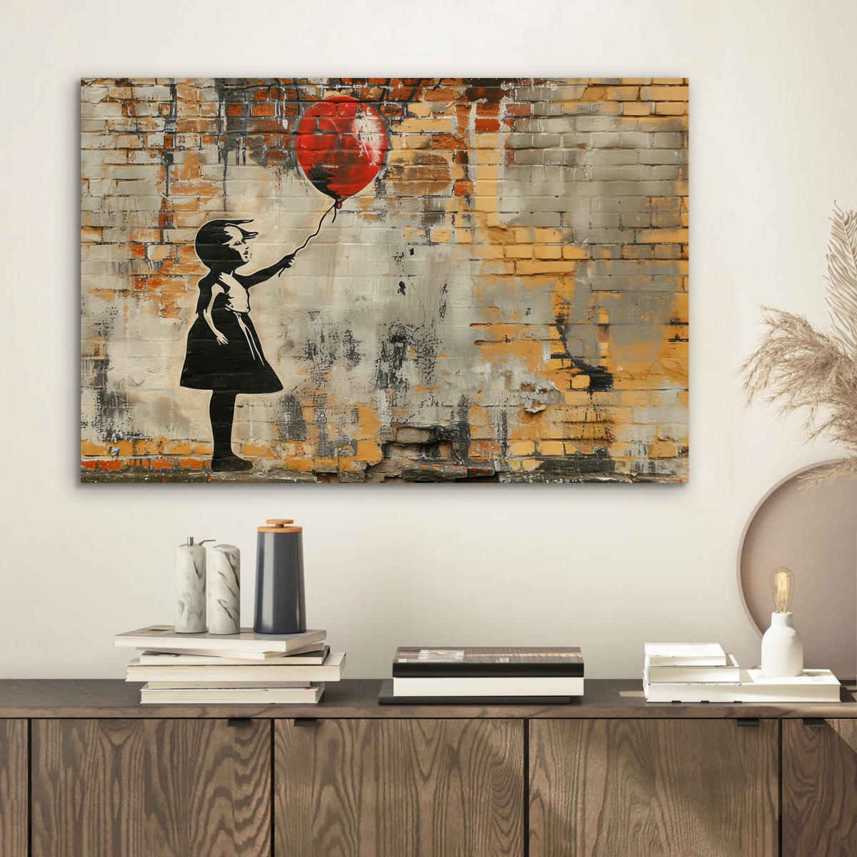 METALLBILD Graffiti - Banksy - Mädchen - Straßenkunst 60x40 cm - Sandfarben, Metall (60/40cm) - MuchoWow