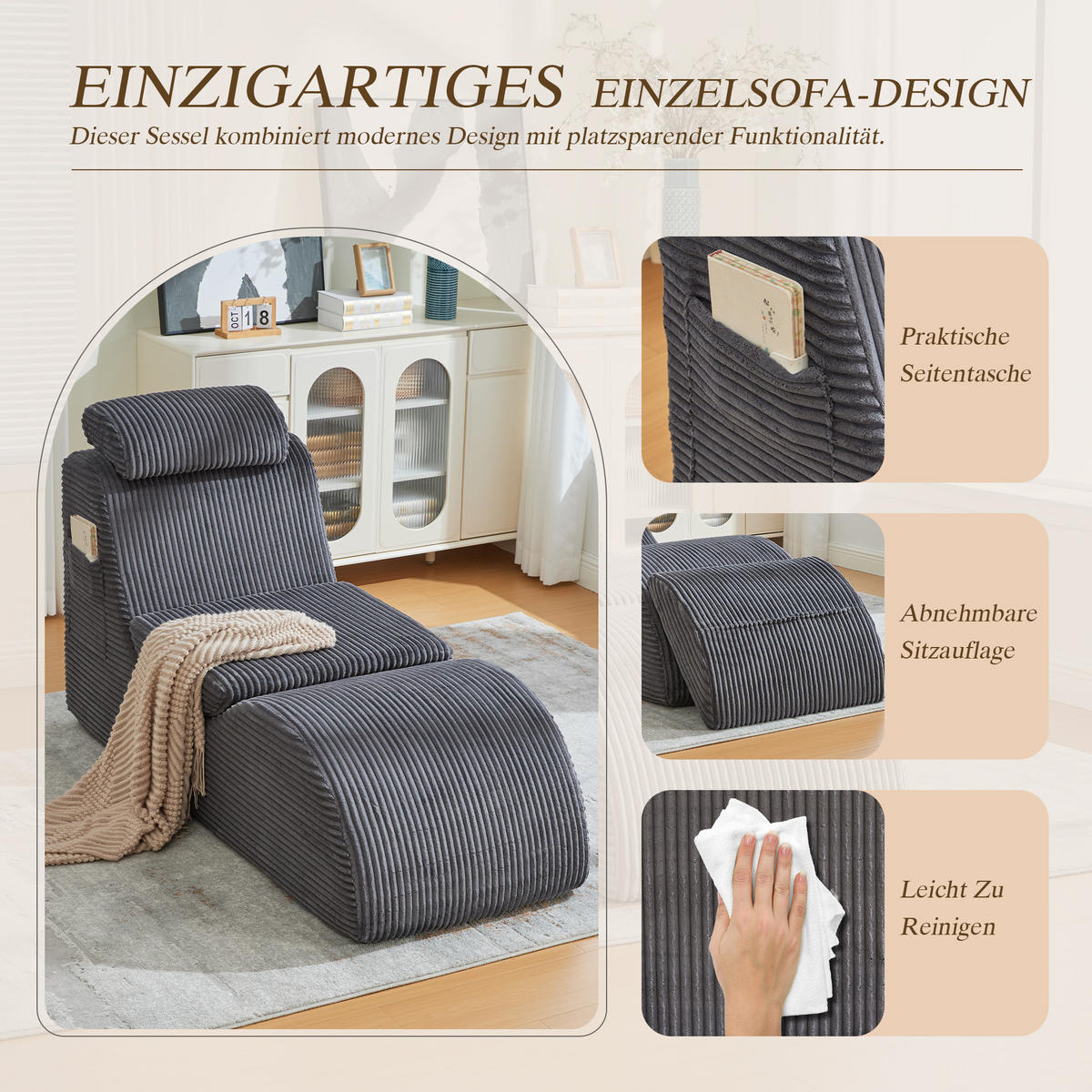 SESSEL Cord Dunkelgrau mit Seitentasche und Kopfkissen - Dunkelgrau, Holzwerkstoff/Textil (66/90/160cm) - WISHDOR