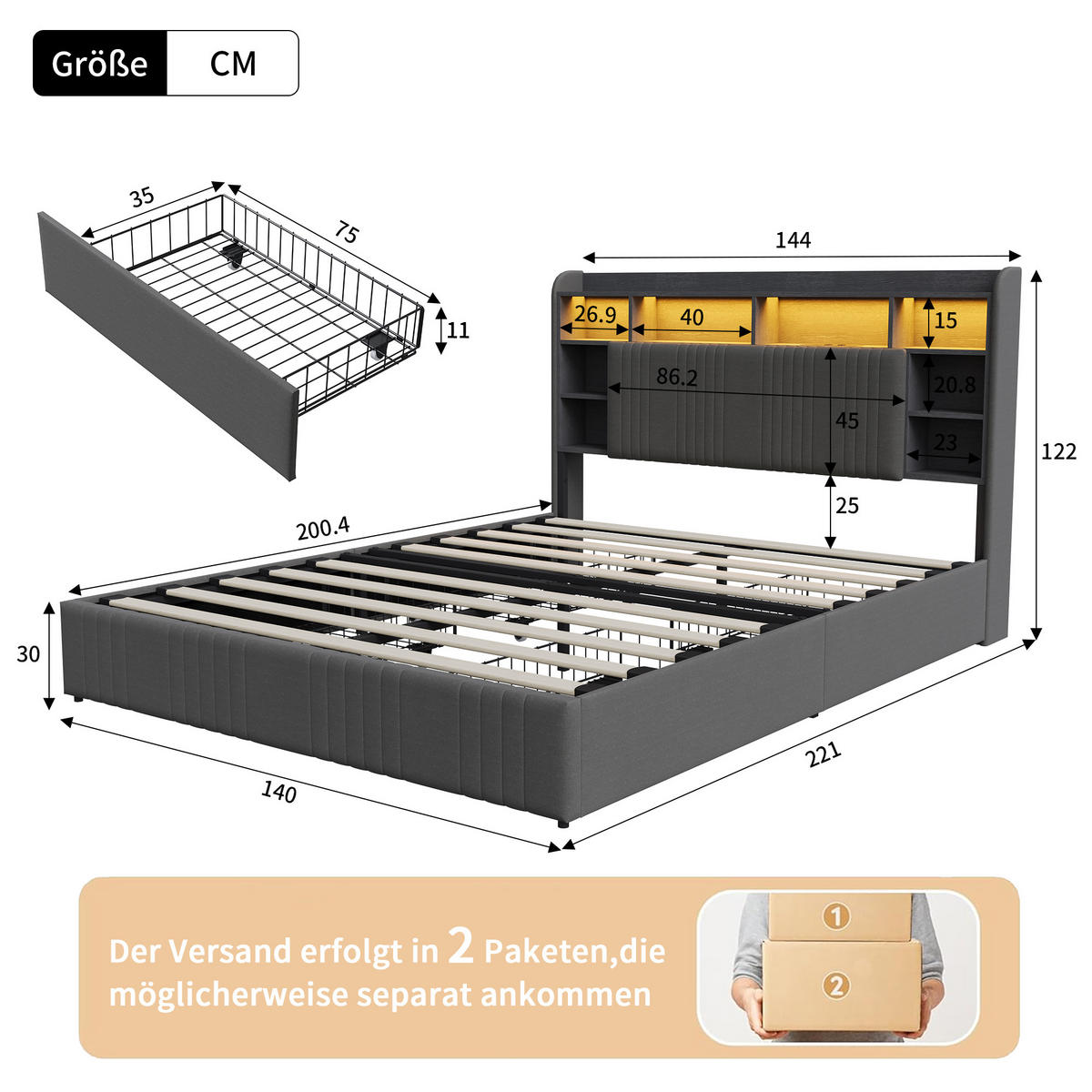 POLSTERBETT 140/200 cm Grau mit 4 Schubladen, LED-Kopfteil mit Ablage und USB - Grau, Metall (140/200cm) - EuroLiving