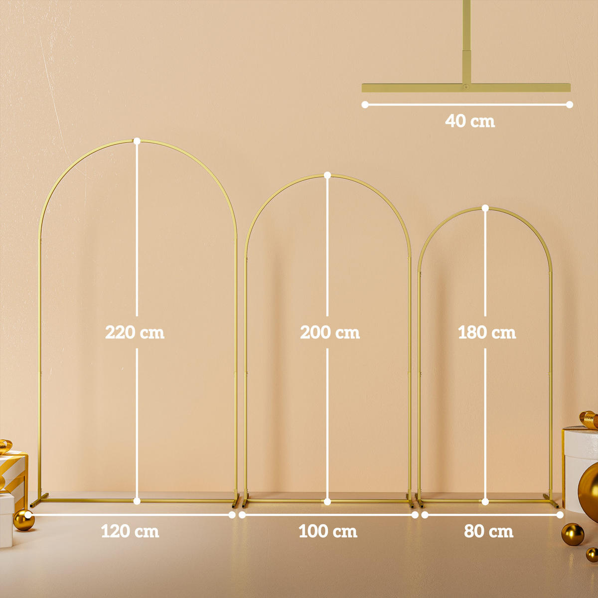 ROSENBOGEN-SET DE-18333 3-teilig, Höhen 1,8/2,0/2,2 m Gold - Goldfarben, Metall (40/220/120cm) - ComfortXL
