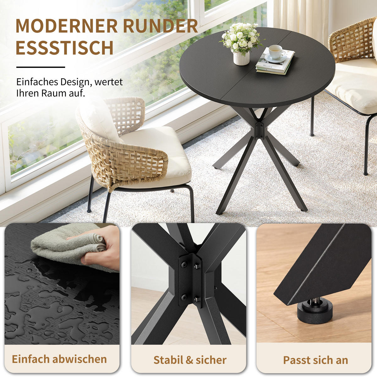COUCHTISCH Runder Esstisch 80x80x75cm Schwarz-Küchentisch mit X-Beinen aus Stahl - Schwarz, Metall (80/80/75cm) - Raelunyi