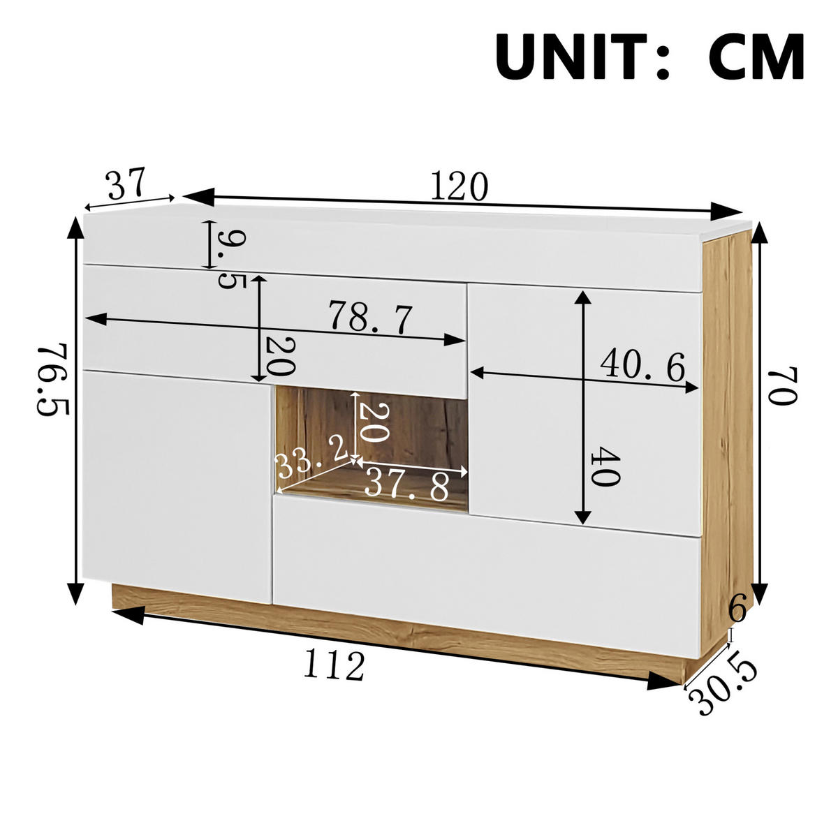 KOMMODE aus Spanplatte 120x76,5x37cm in Weiß mit LED-Lichtstreifen - Weiß, Holzwerkstoff (120/37/76.5cm) - Modfu