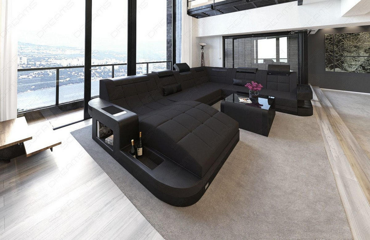 WOHNLANDSCHAFT Wave Schwarz Mikrofaserstoff - Schwarz, Kunststoff (379/80/274cm)