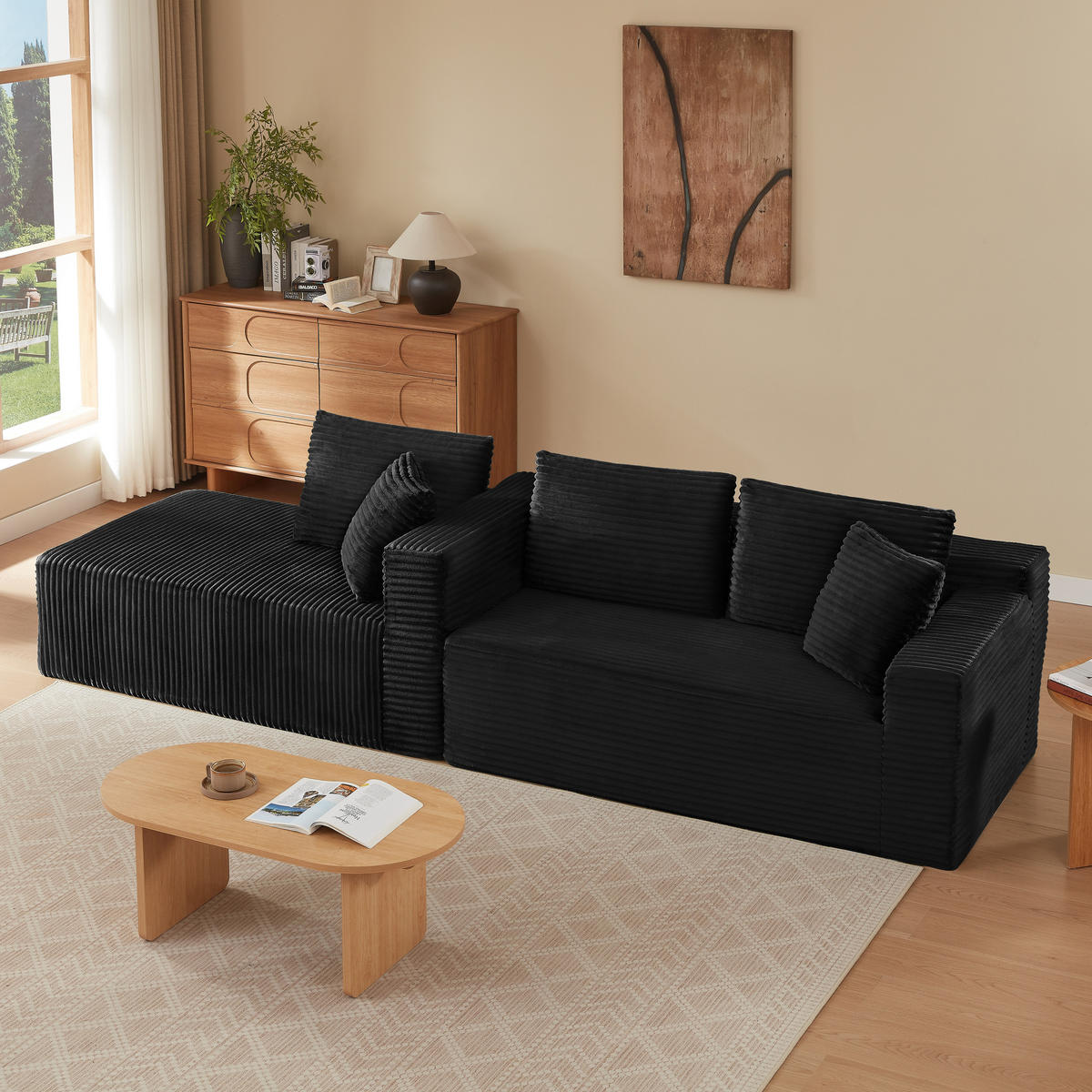 ECKSOFA 3-Sitzer Cord Schwarz mit Rücken- und Nackenkissen - Schwarz, Textil (252.5/163cm) - WISHDOR
