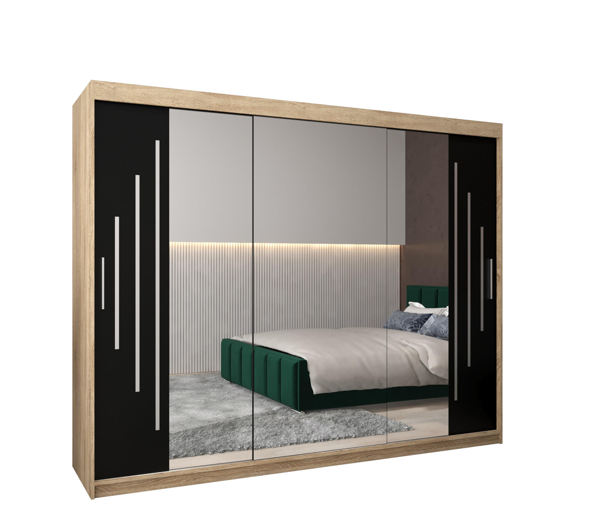 Abiks Möbel Schwebetürenschrank Sonoma Eiche, Schwarz 250x200x62 cm