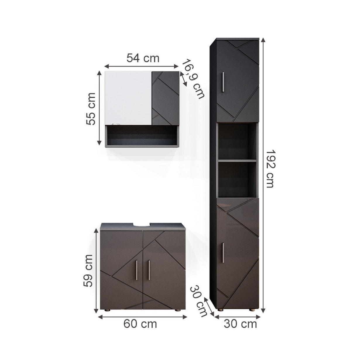 BADMÖBEL-SET Irma Anthrazit Hochglanz 3 Teile, mit Hochschrank - Anthrazit, Holzwerkstoff (80/58.6/41cm) - Vicco