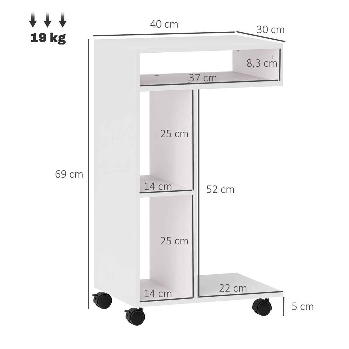 BEISTELLTISCH Couchtisch mit Rollen, Weiß - Weiß, Holzwerkstoff (30/40/69cm) - HOMCOM
