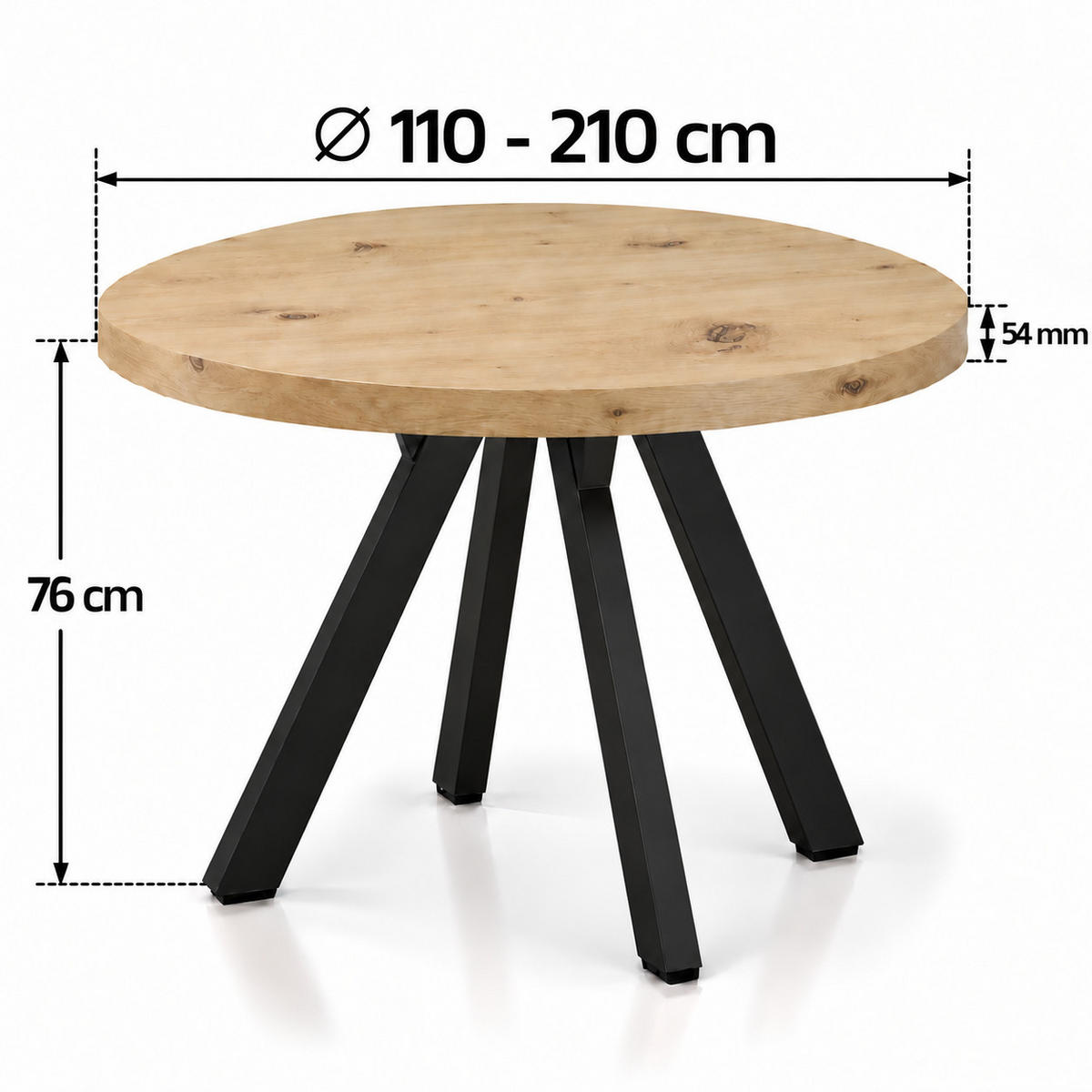 ESSTISCH rund ausziehbar 110/210/76 cm, Artisan Eiche, 54 cm Tischplatte + Y Metallgestell Schwarz - Schwarz/Eiche Artisan, Holzwerkstoff/Metall (110/210/76cm) - Damale Möbel