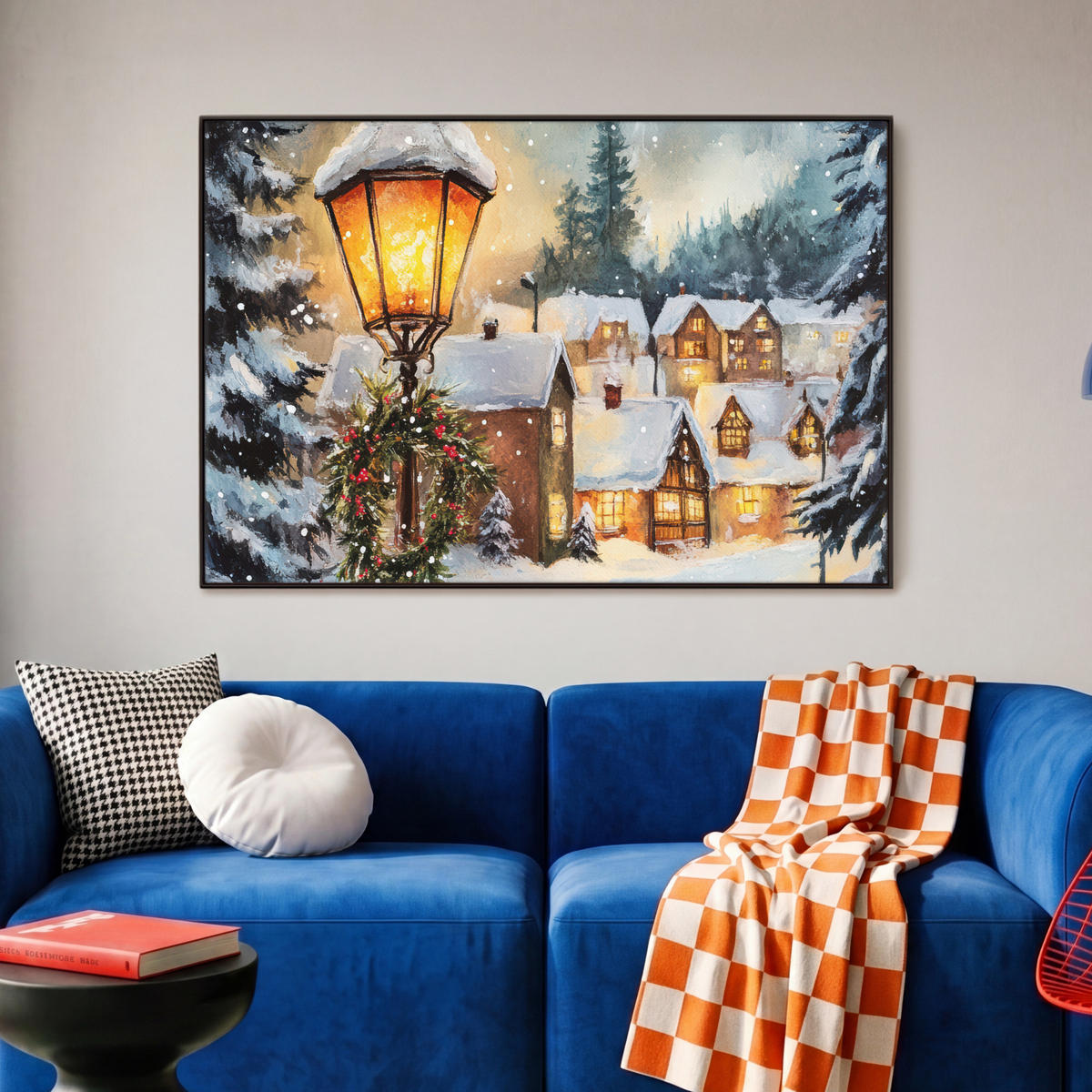 LEINWAND Bilder mit Rahmen - Weihnachtsdorf - Häuser - Schnee - Weihnachten - 90x60 - Sandfarben, Textil (90/60cm) - MuchoWow