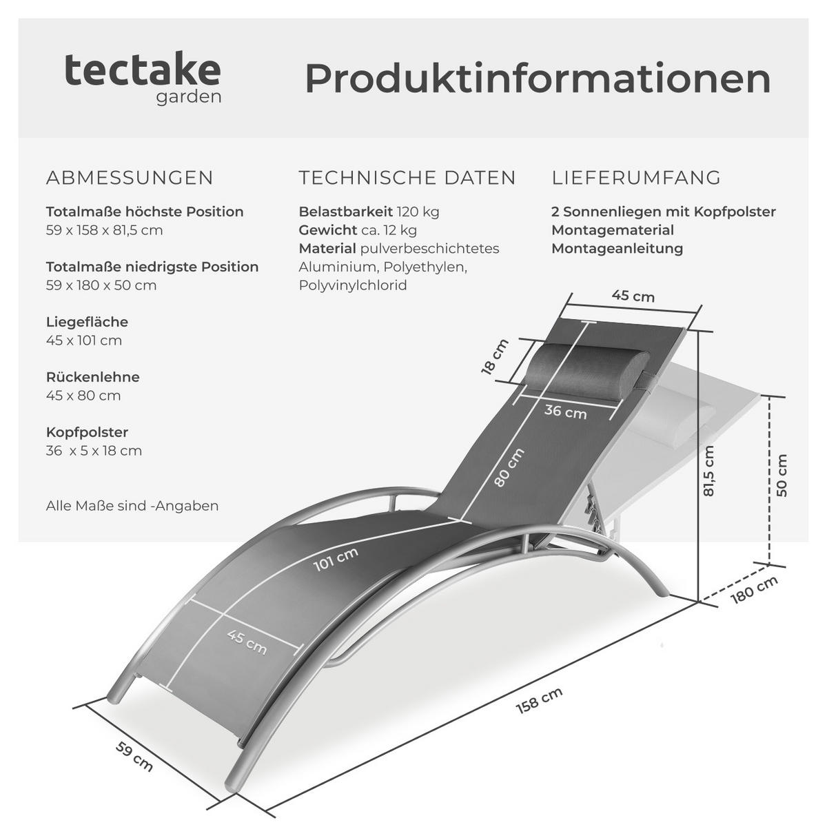GARTENLIEGE 2er Set Alina,180 x 59 x 50 cm,grau - Grau, Kunststoff (59/81.5/180cm) - tectake