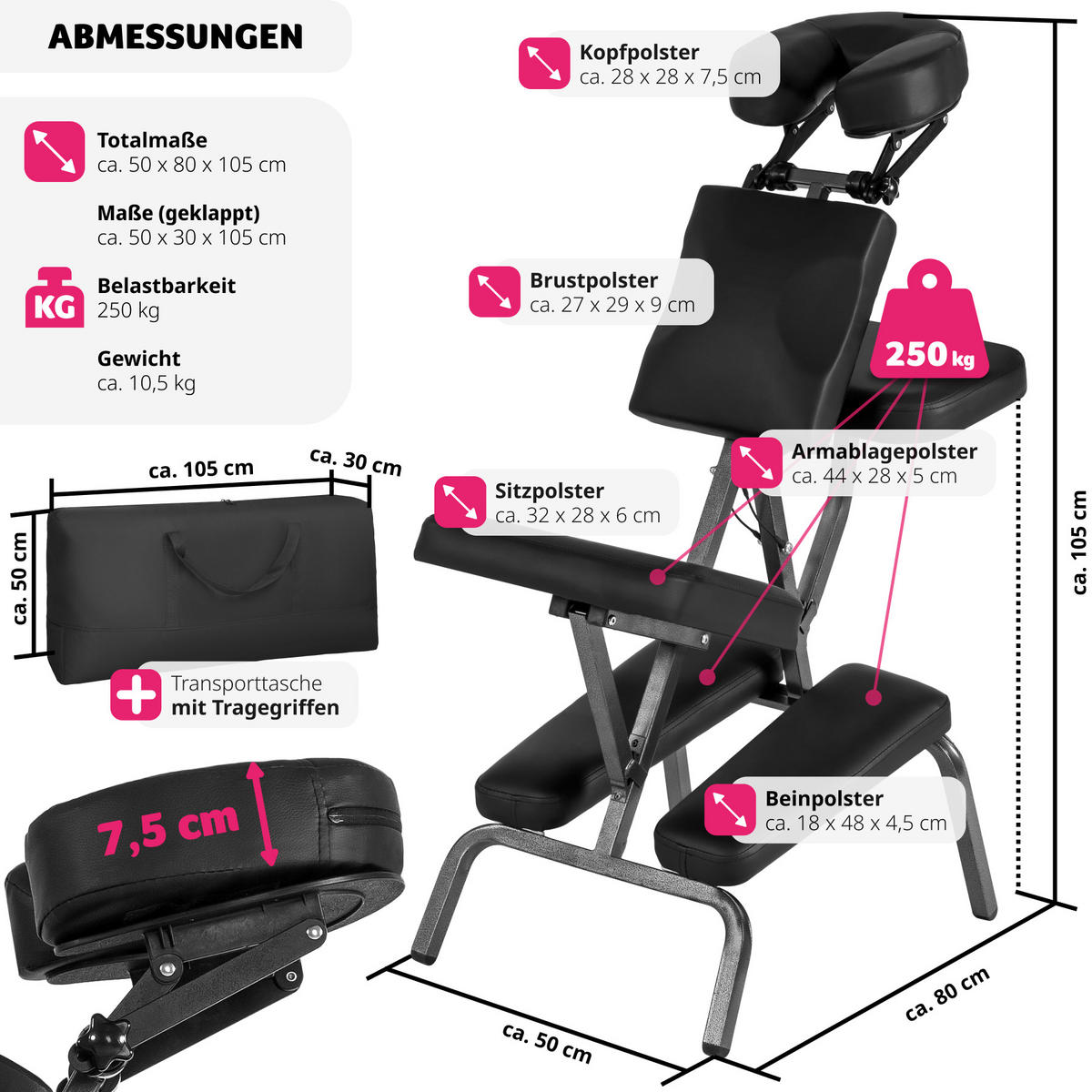 MASSAGESTUHL ,80 x 50 x 105 cm,schwarz - Schwarz, Metall (50/105/80cm) - tectake