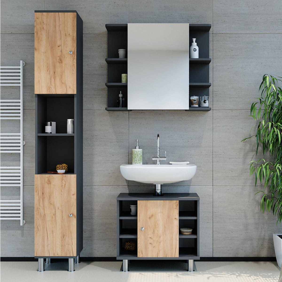 BADMÖBEL-SET Fynn Anthrazit/Goldkraft Eiche 3 Teile mit Hochschrank - Honigeiche/Anthrazit, Holzwerkstoff (60/54/32cm) - Vicco