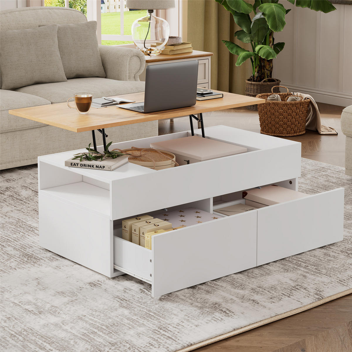 COUCHTISCH höhenverstellbar 2 Schubladen Weiß Holzfarbe 100/40/50 cm - Weiß, Holz (100/50/40cm) - Kaket