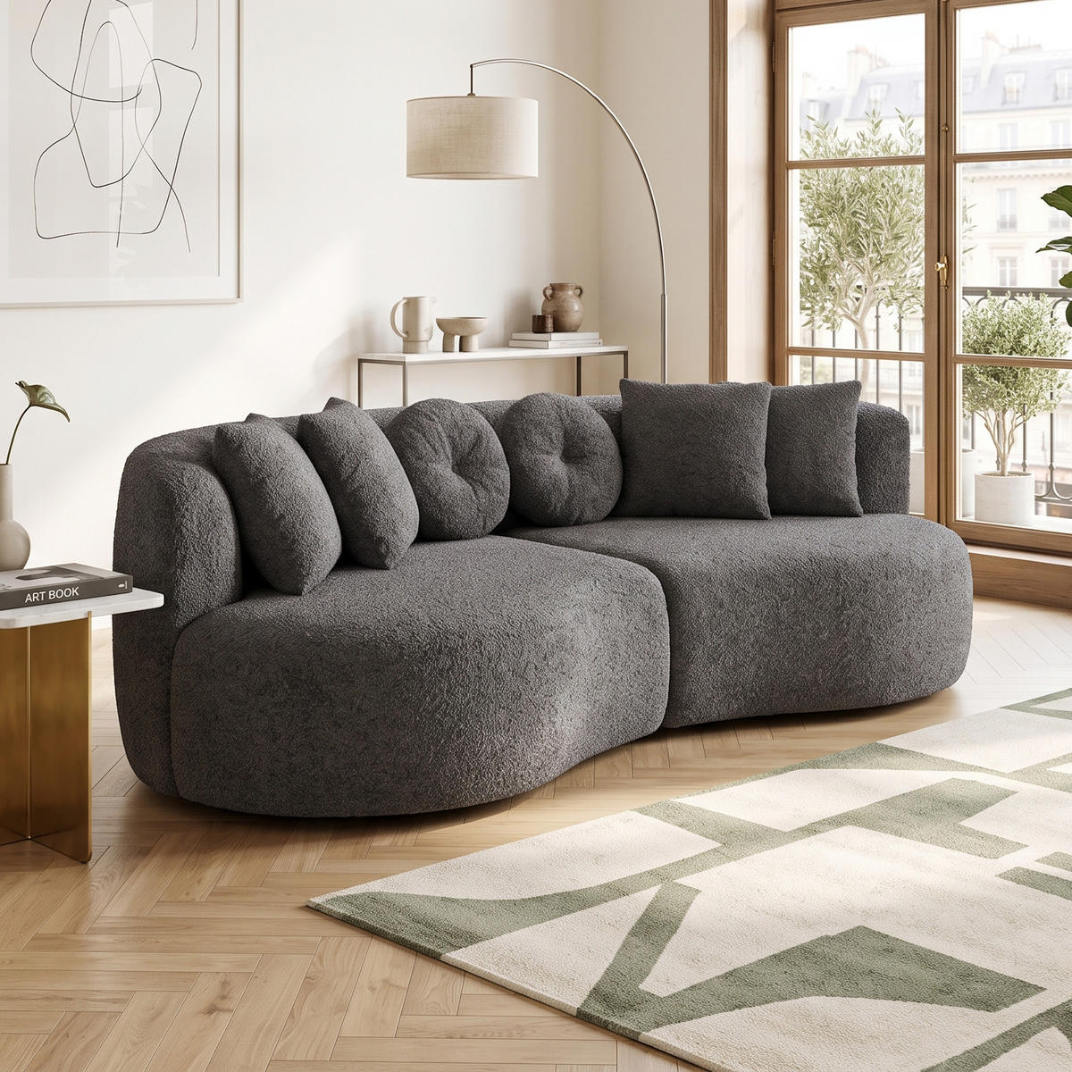 3-SITZER SOFA Geschwungenes Modulares Chenille Cashew - Grau, Textil (223/79/109cm) - Urban Meuble