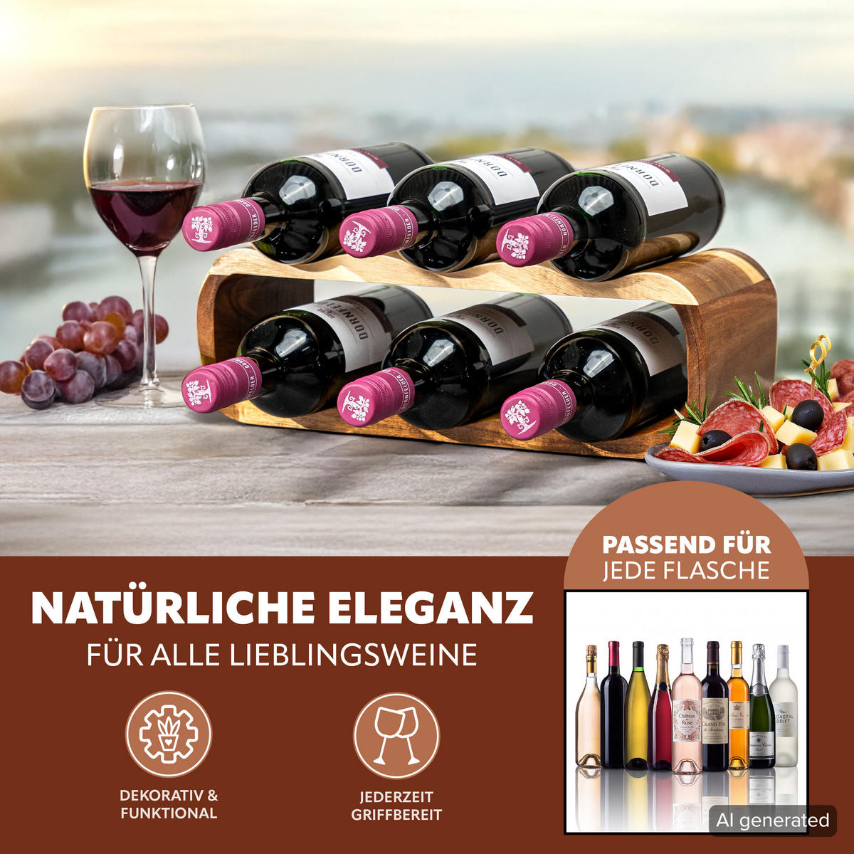 WEINREGAL, aus Akazienholz, braun - Akaziefarben, Holz (39/14.5/15cm) - eluno