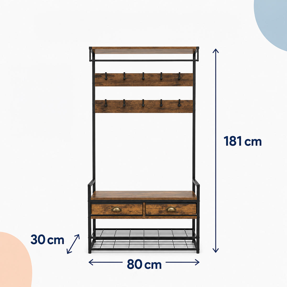 VJEŠALICA Vintage smeđa crna sa stalkom za cipele 2 ladice - višebojno, drvni materijal/metal (80/181/30cm) - Relaxdays