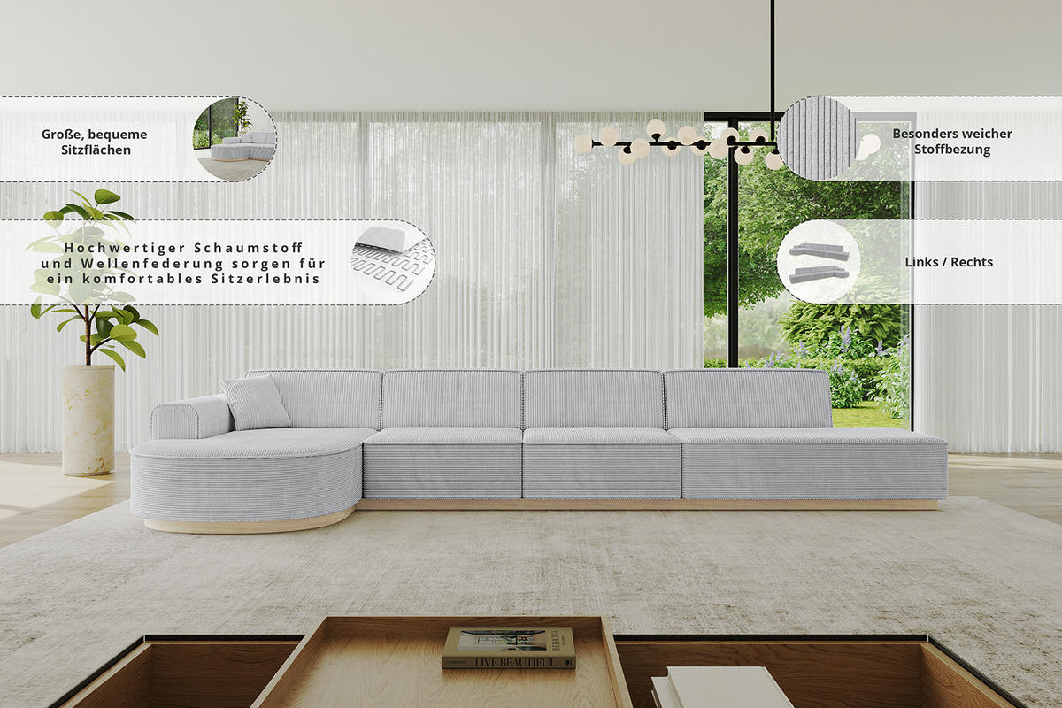 ECKSOFA Ottomane Links ARRIO-L3 - 413x171x83 cm Grau - Grau, Holzwerkstoff/Textil (413/171cm) - ALTDECOR