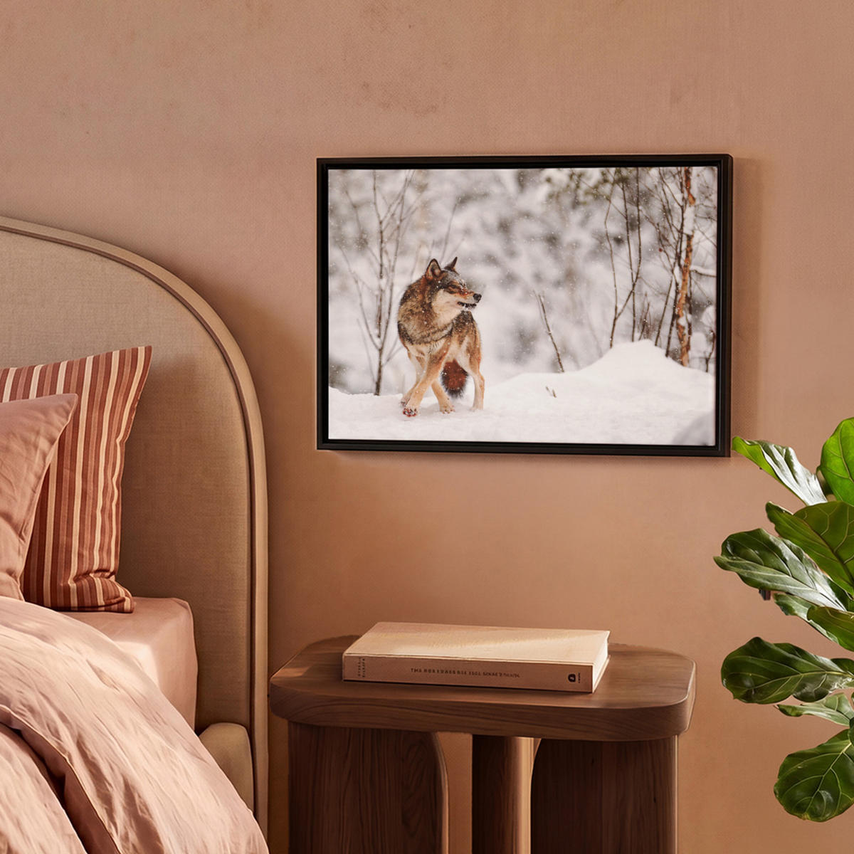 LEINWAND Bilder mit Rahmen - Wolf - Winter - Schnee - Natur - Tiere - 40x30 - Haselnussfarben, Textil (40/30cm) - MuchoWow